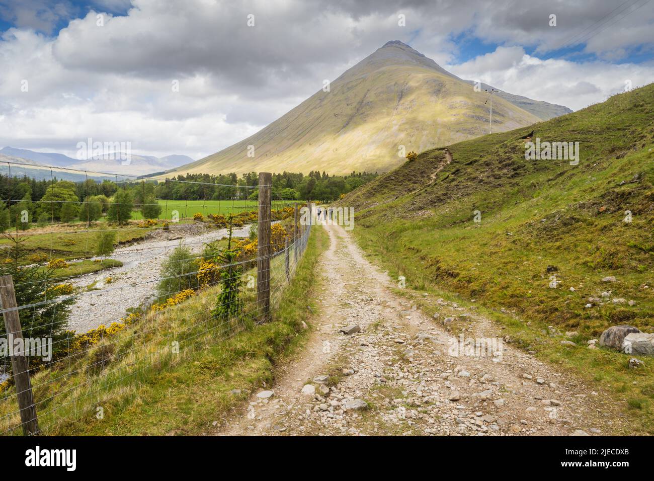 19.05.2022 Tyndrum, Stirling, Scotland, UK. Three walkers and a dog hiking the West Highland Way between Stock Photo