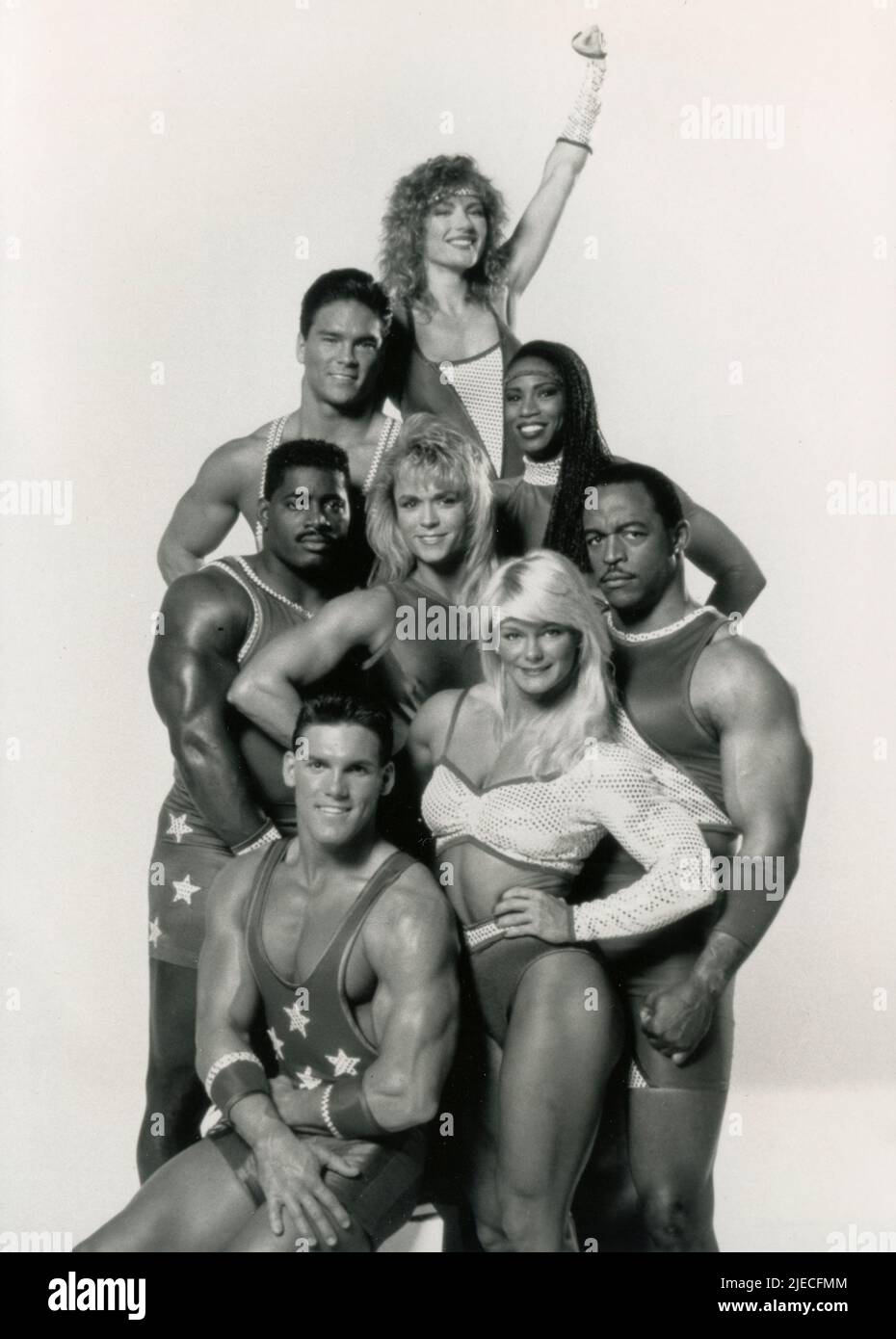 Scene from the TV series American Gladiators: Laser, Zap, Zweite Reihe, Titan, Gold, Gemini, Nitro, Blaze, Lace, USA 1992 Stock Photo