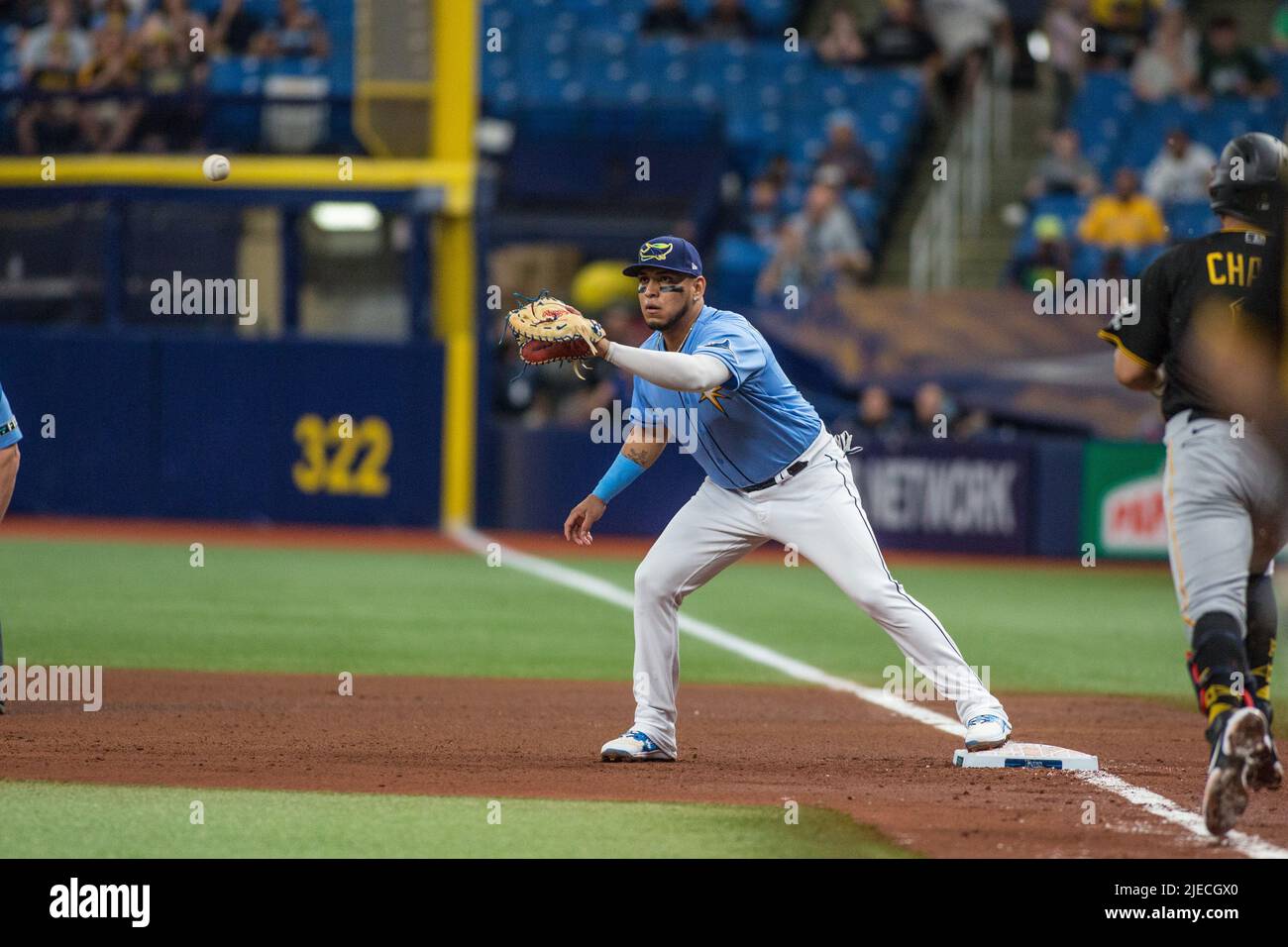June 26, 2022: Tampa Bay Rays first baseman Isaac Paredes (17) catches the  ball for an out during the MLB game between Pittsburgh Pirates and Tampa  Bay Rays St. Petersburg, FL. The