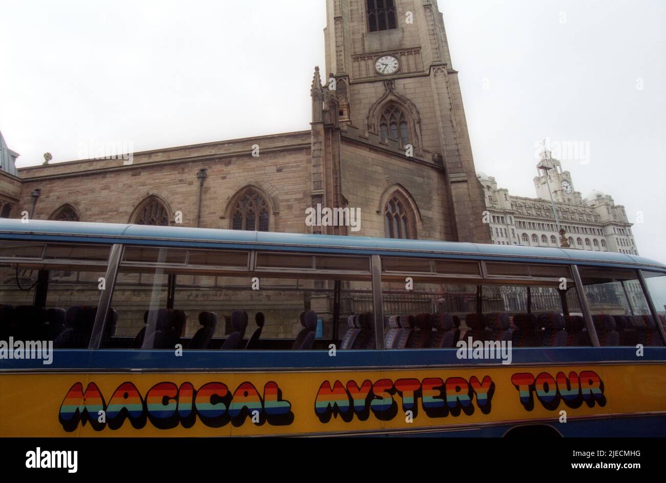magical mystery tour bus parked in Liverpool town centre Stock Photo