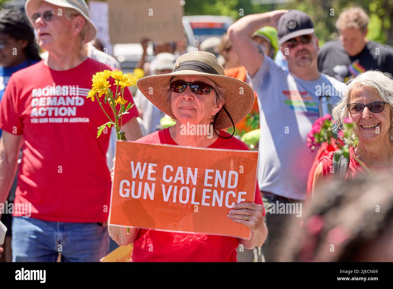 Demanding action against gun violence, a woman walks in a June 26, 2022, March Against Fear in Eugene, Oregon, USA. Stock Photo
