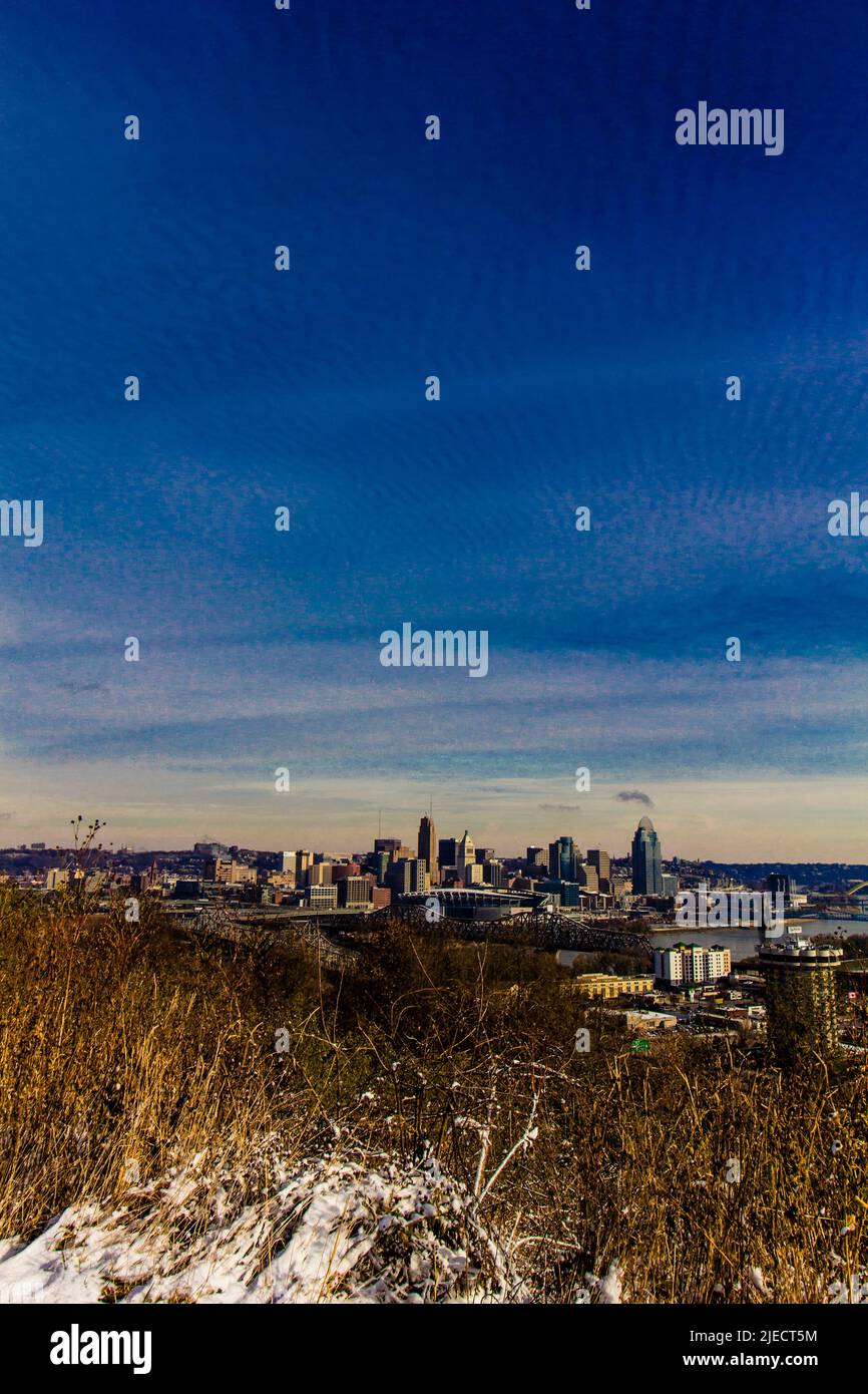 Cincinnati, Ohio seen after a light snow from Devou Park, Kentucky Stock Photo