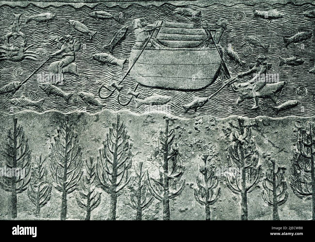 This 1910 image shows  a wall panel relief in the South West Palace at Nineveh at the time of the Assyrian ruler Sennacherib. It shows coracles on the river bringing materials and passing some fishermen who float on inflated skins. The full relief shows a sculpture of a human-headed winged bull for Sennacherib's palace. The bull is on a sledge, with three officers standing on the bull, one holding a trumpet. Workers bring equipment including saws, hatchets, picks and shovels. The time period of its making is 700-692 BC. Stock Photo