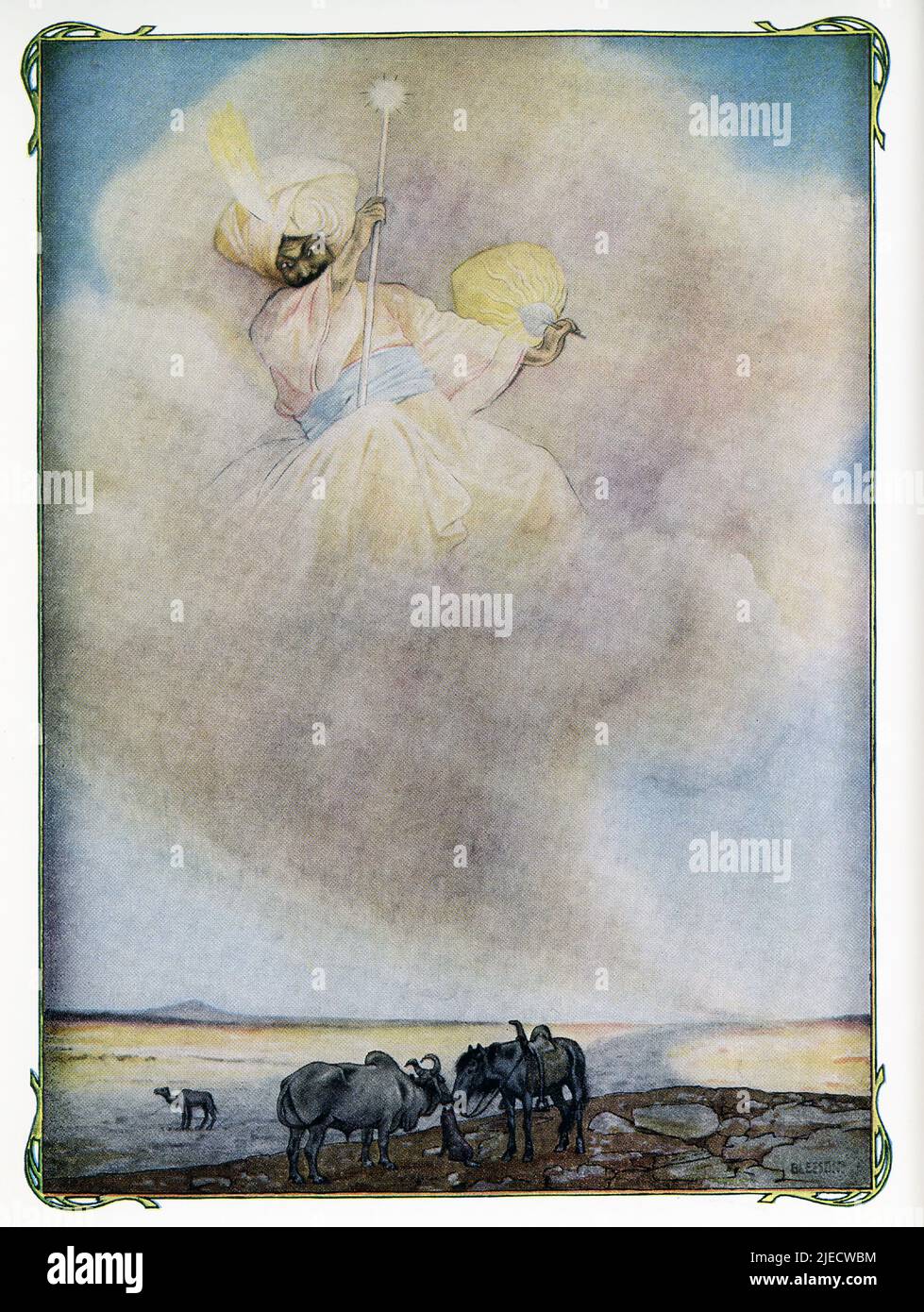 This 1912 image by J M Gleeson illustrates Kipling’s How the Camel Got Its Lump tale: When the animals began to work for Man, the Camel lived in a desert because he was idle and refused to help. The Dog, the Horse and the Ox all urged him to join in their work, but he only answered “Humph!” They complained to the Man, who said he was sorry, but they would just have to work longer hours themselves. Then they complained to the Djinn in charge of All Deserts. So the Djinn went to see the Camel and told him to work, but still all he would say was “Humph!” The Djinn made a magic that puffed up the Stock Photo