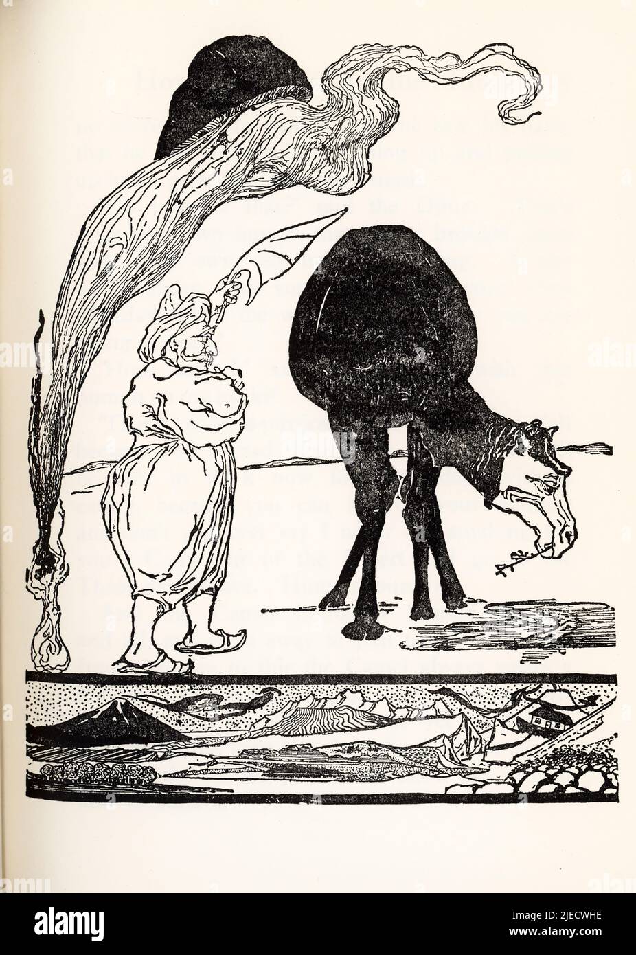 The 1912 caption reads: How Camel got its hump by Kipling - towelly thing is magic and humph on  its shoulder. The illustrarion by J M Gleeson illustrates Kipling’s How the Camel Got Its Lump tale: When the animals began to work for Man, the Camel lived in a desert because he was idle and refused to help. The Dog, the Horse and the Ox all urged him to join in their work, but he only answered “Humph!” They complained to the Man, who said he was sorry, but they would just have to work longer hours themselves. Then they complained to the Djinn in charge of All Deserts. So the Djinn went to see th Stock Photo