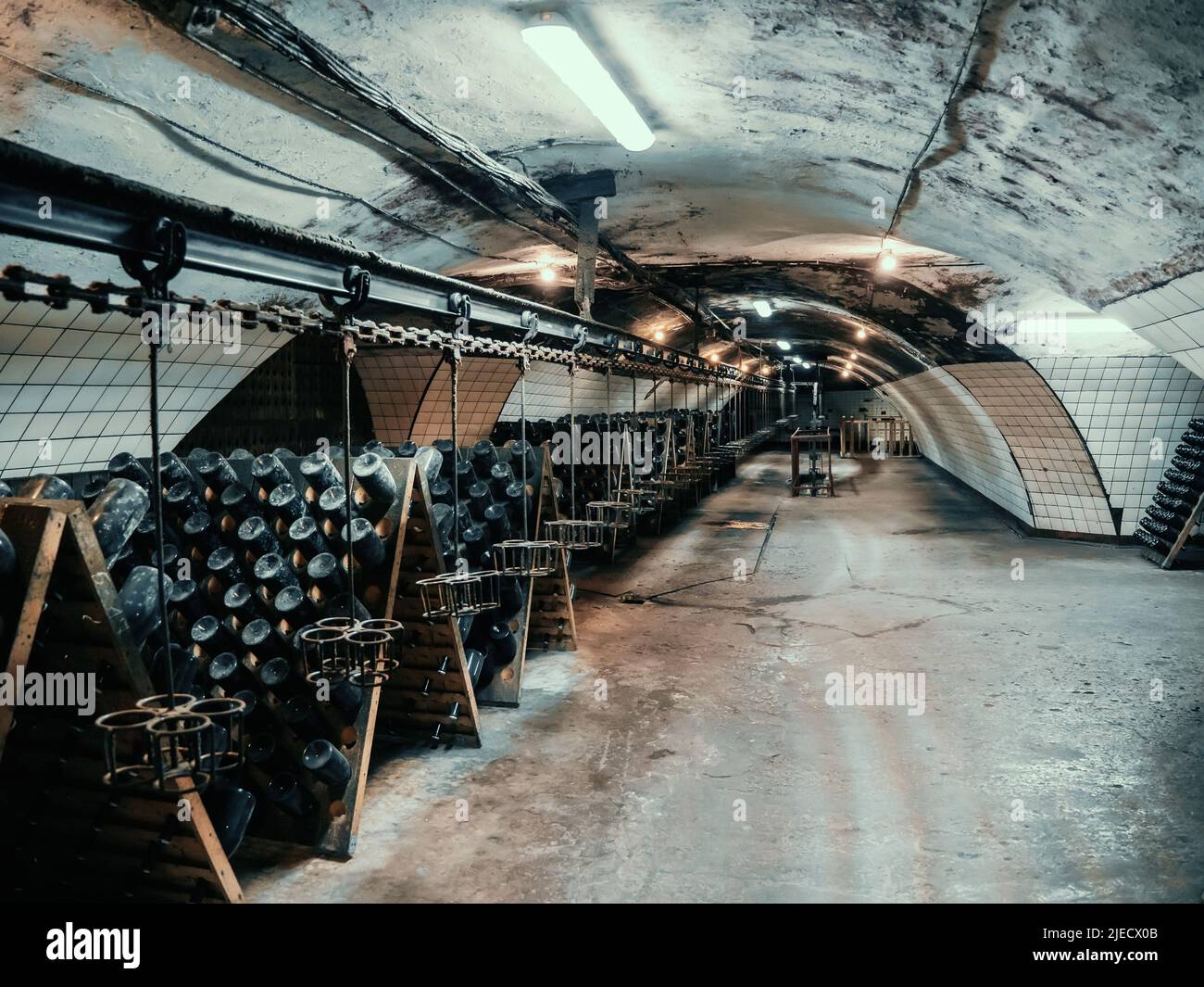 Typical underground cellar for storing and aging wine in glass bottles
