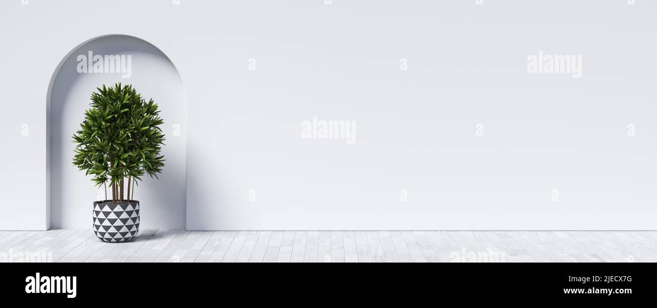 Mock up poster with tree in niche of modern interior background 3D