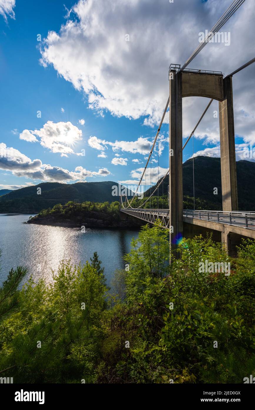 Suspension bridge over the Erfjord, touristic road Ryfylkevegen, Norway Stock Photo