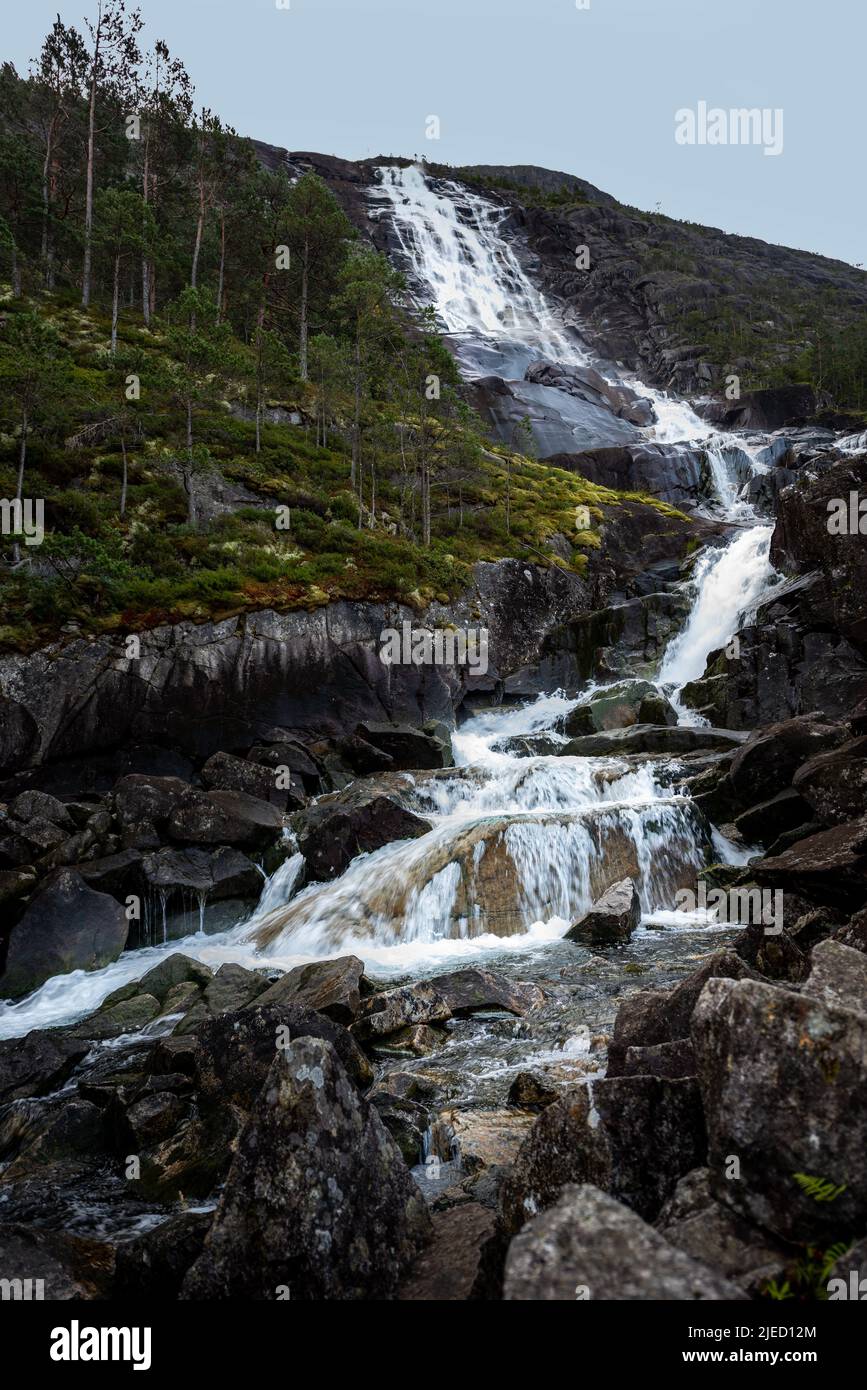 Langfossen Waterfall  Norway route E134 Akrafjorden Stock Photo