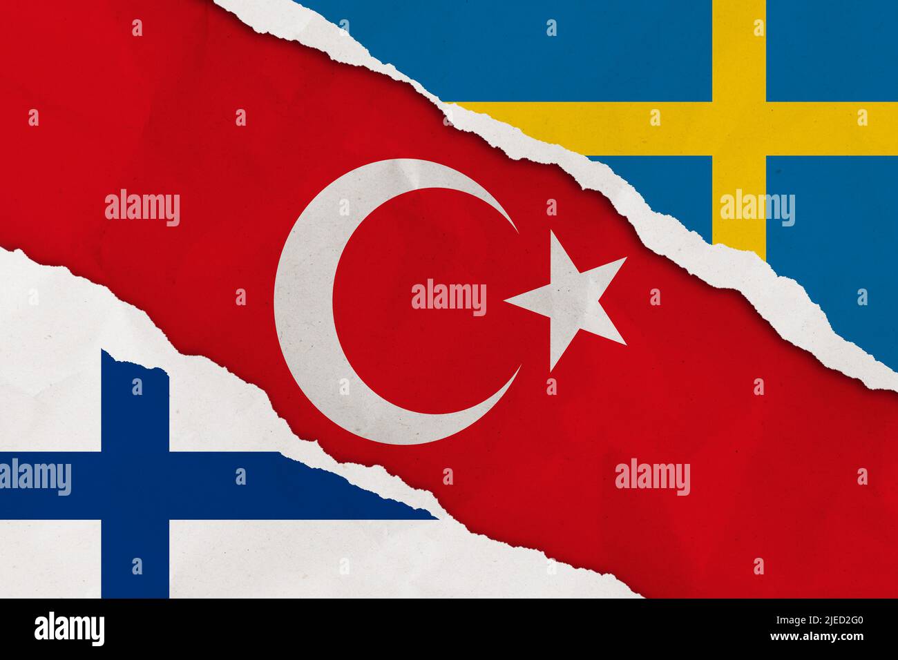 Turkey, Finland and Sweden flag ripped paper grunge background. Abstract NATO membership, politics conflicts, war concept texture background Stock Photo