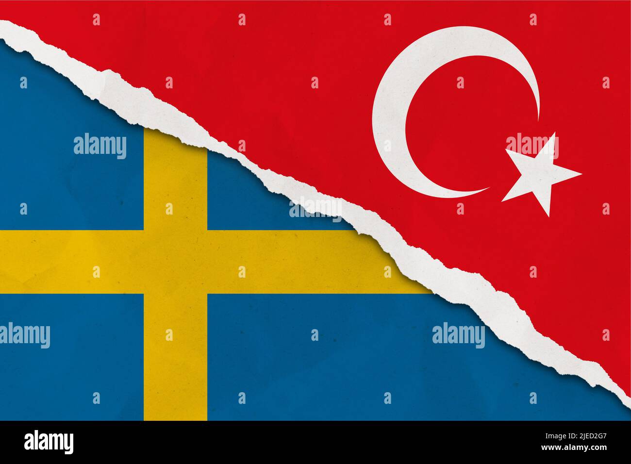 Turkey and Sweden flag ripped paper grunge background. Abstract NATO membership, politics conflicts, war concept texture background Stock Photo