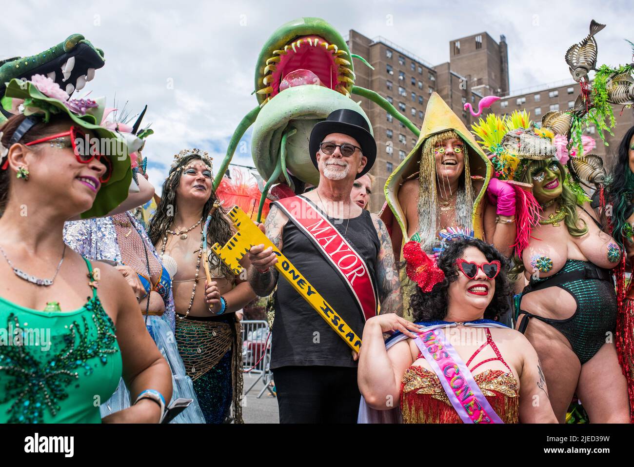 Brooklyn, New York - June 18, 2022: Mayor of Coney Island Dick Zigun with group, The 40th Annual Mermaid Parade, Coney Island. Stock Photo