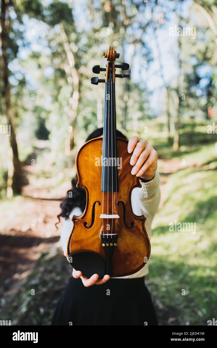 Woman holding violin while standing in the forest. Vertical shoot. Stock Photo