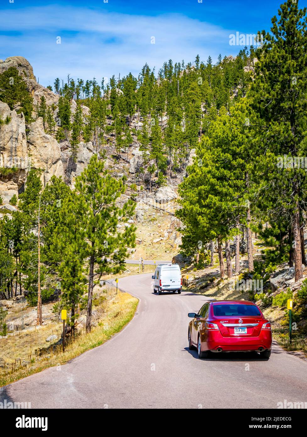 Cars on the Needles Highway in Custer State Park in the Black Hills of
