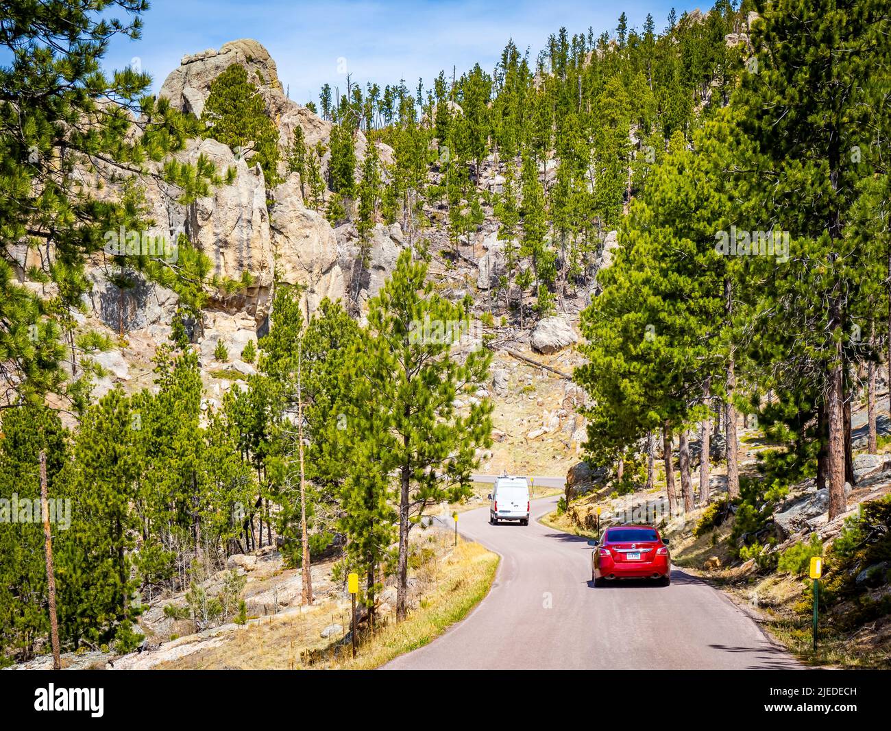 Cars on the Needles Highway in Custer State Park in the Black Hills of