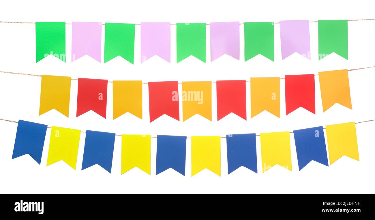 Colorful festive bunting flags on white background Stock Photo - Alamy