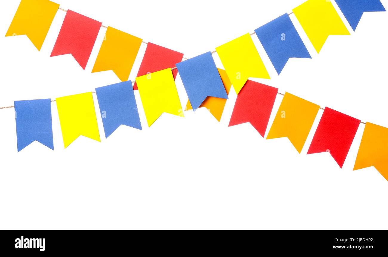 Colorful festive bunting flags on white background Stock Photo - Alamy