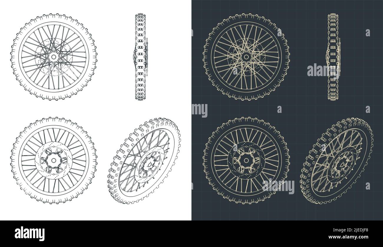 Stylized vector illustrations of blueprints of dirt bike front wheel
