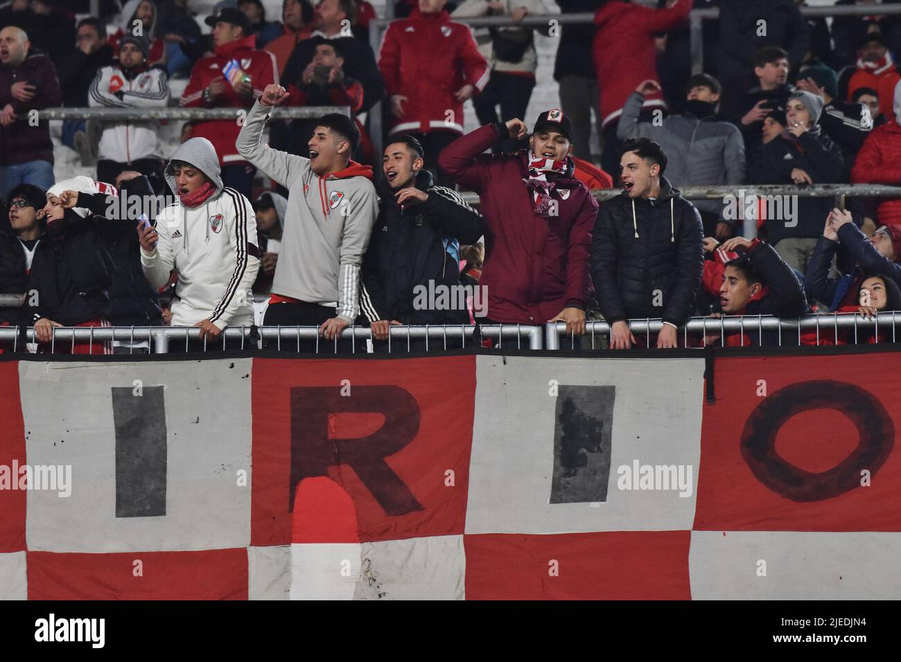 Buenos Aires, Argentina - June 27. Fans of River Plate during a Liga de Fútbol Profesional match between River and Lanús at Estadio Monumental. Stock Photo