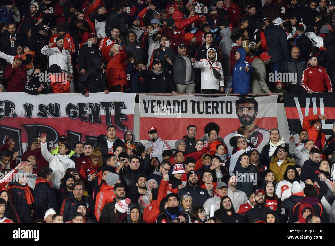 Buenos Aires, Argentina - June 27. Fans of River Plate during a Liga de Fútbol Profesional match between River and Lanús at Estadio Monumental. Stock Photo