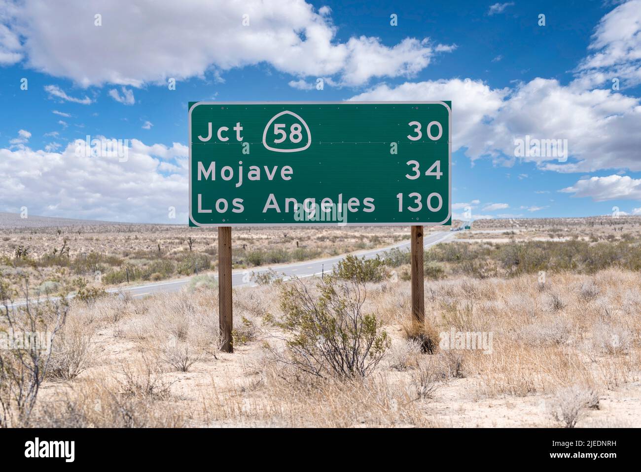Mojave, Los Angeles and Route 58 junction highway sign on Route 14 in Southern California. Stock Photo