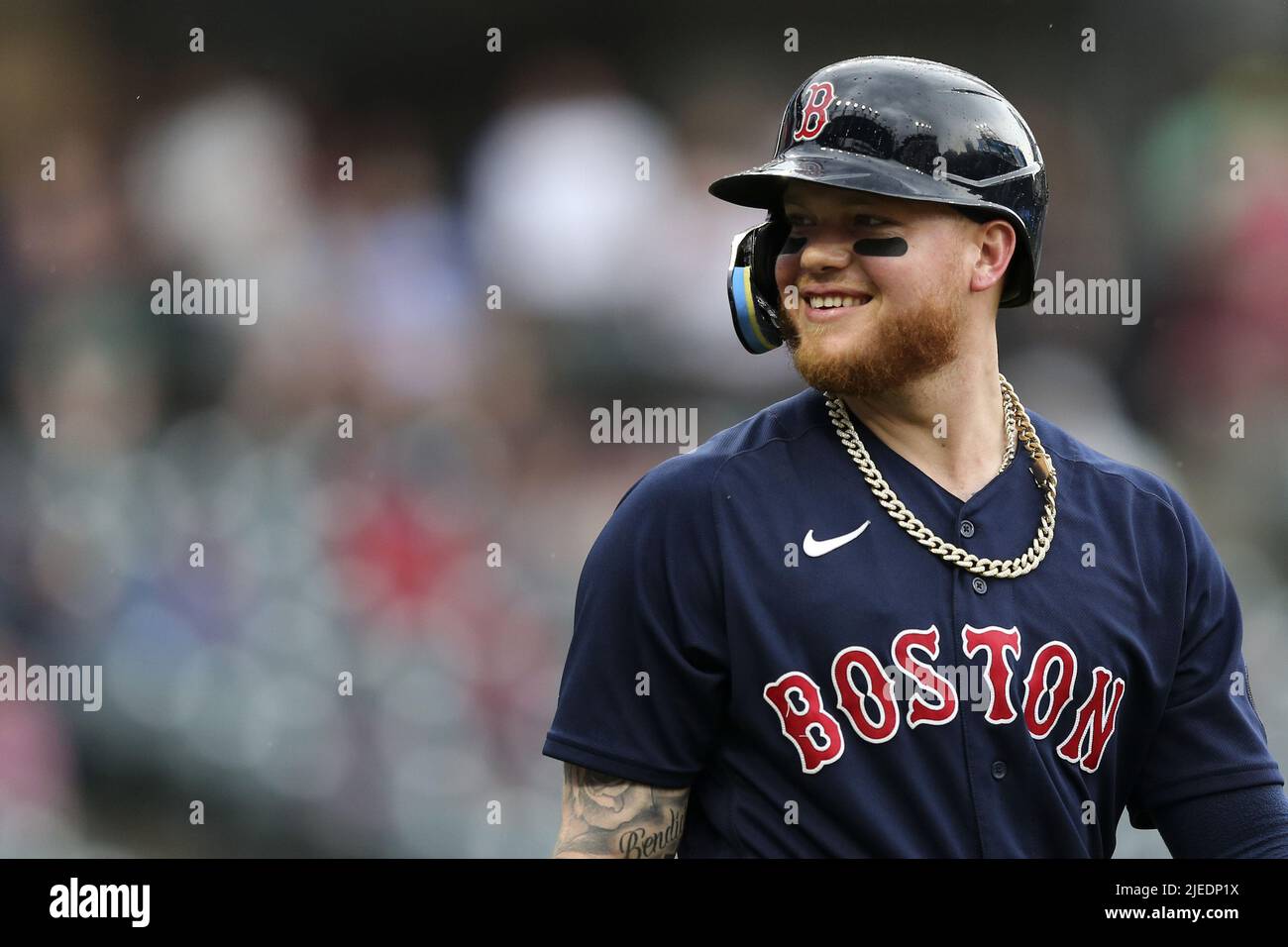 Cleveland, United States. 26th June, 2022. Boston Red Sox Alex Verdugo (99) smiles back at the dugout after walking in the ninth inning against the Cleveland Guardians at Progressive Field in Cleveland, Ohio on Sunday, June 26, 2022. Photo by Aaron Josefczyk/UPI Credit: UPI/Alamy Live News Stock Photo