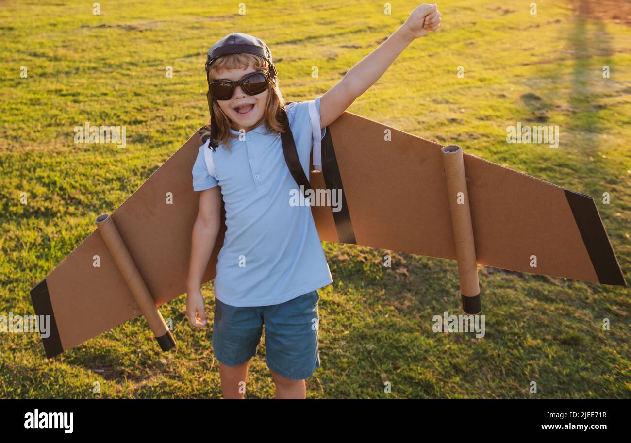 Kids leader and winner, success start up. Excited child boy play with ...