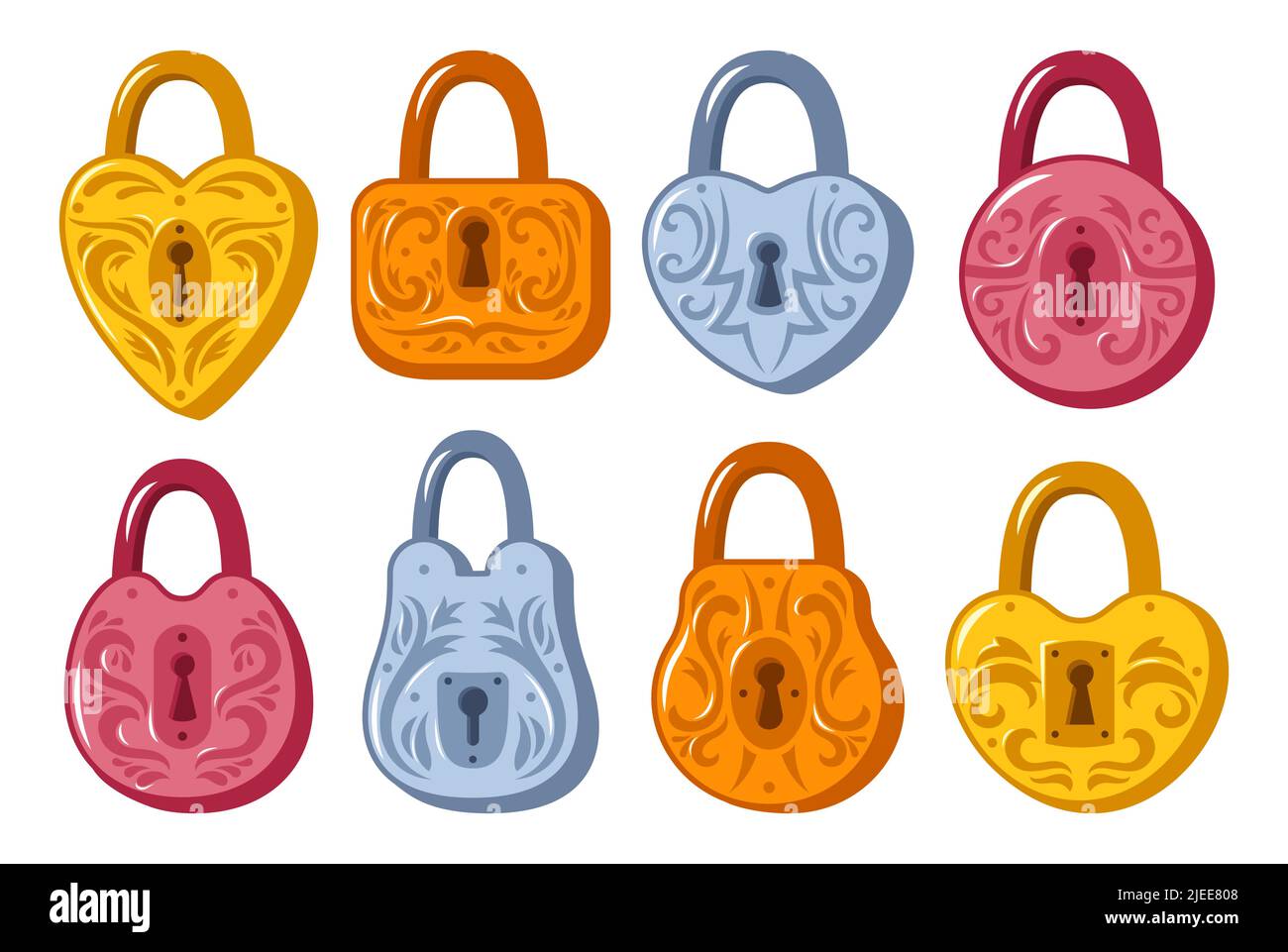 Lock various shapes vintage cartoon set. Old padlock for safety and