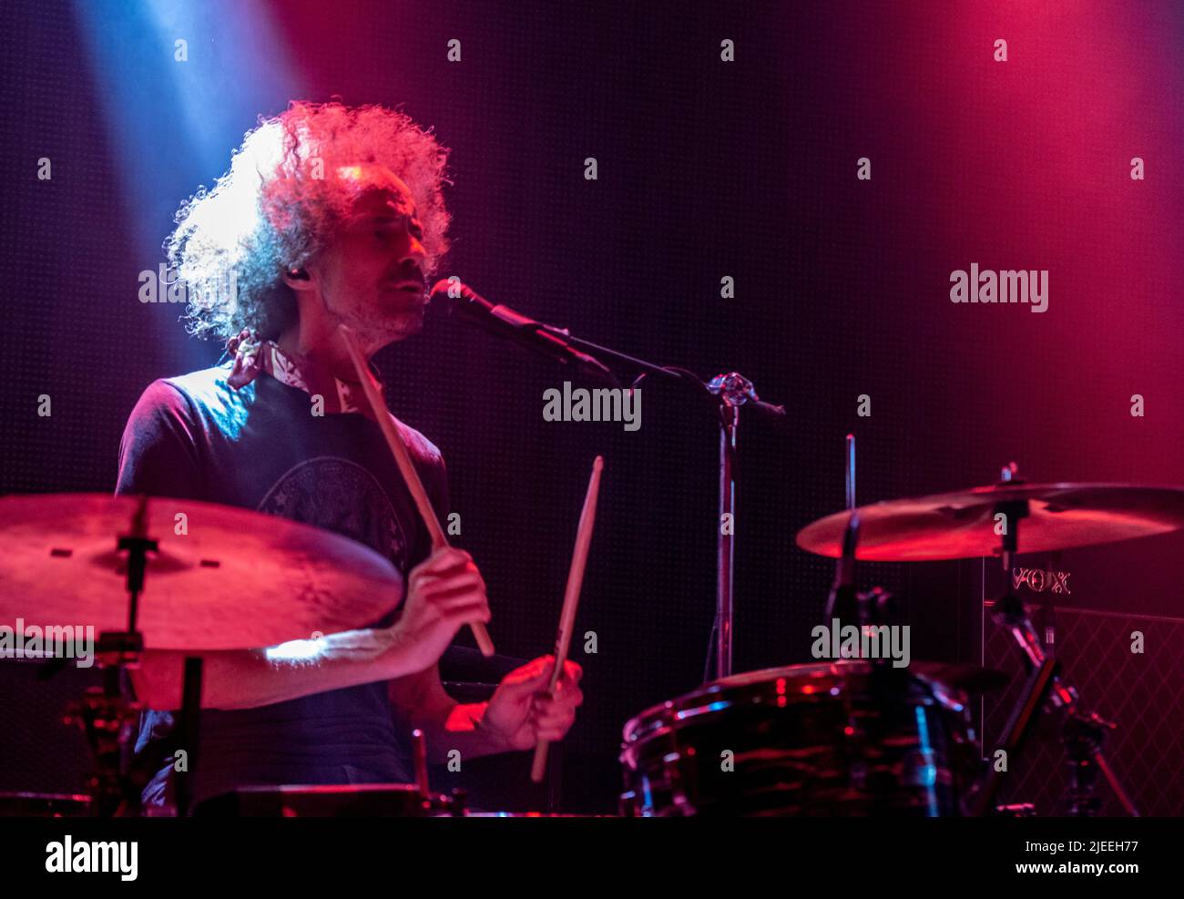 Leeds, UK. 26th June, 2022. Patrick B Spurgeon, drummer of The Dandy Warhols, performing live at Stylus in Leeds University. Picture Credit: ernesto rogata/Alamy Live News Stock Photo