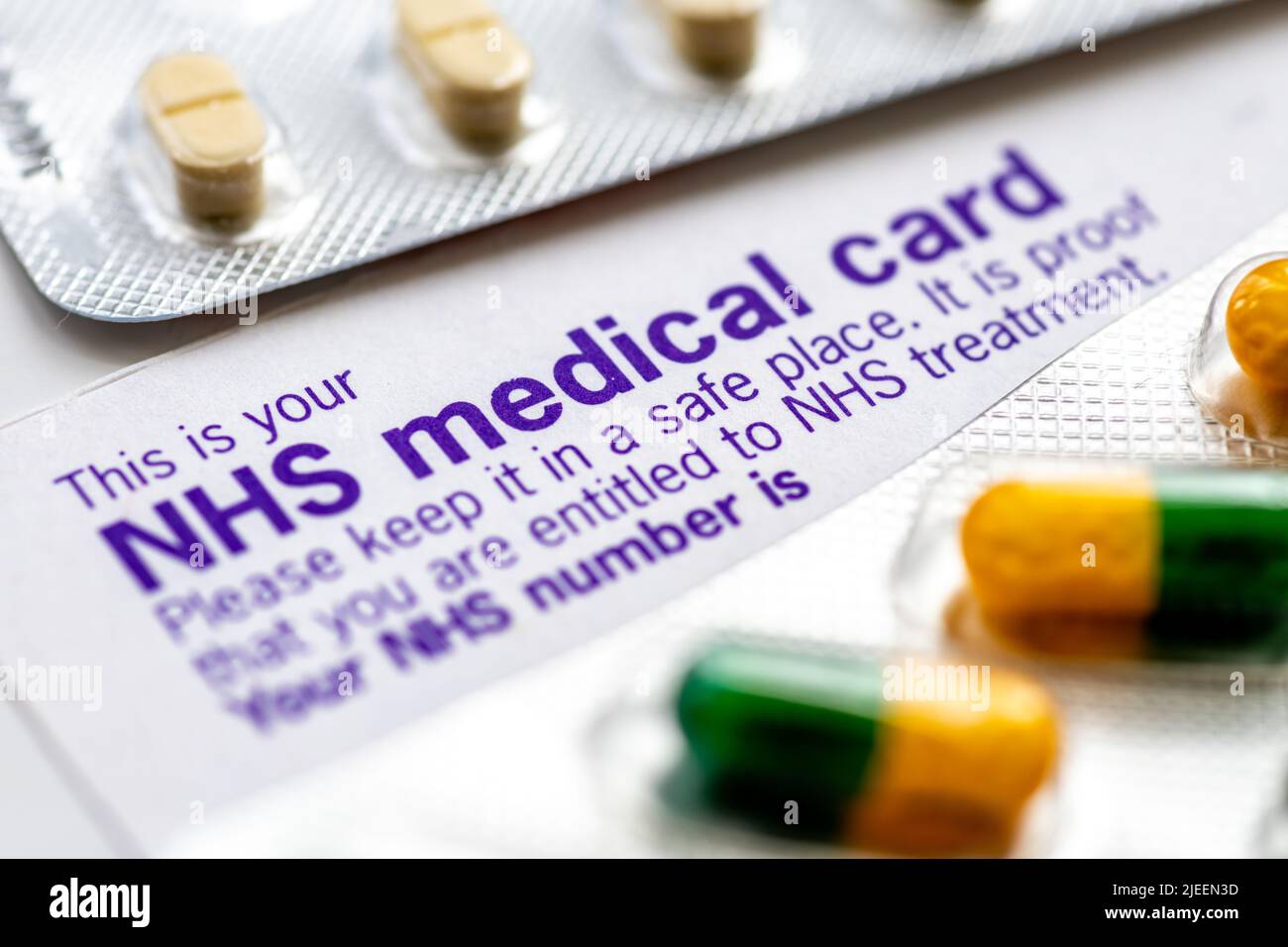 Close up of a NHS medical card with the holder entitled to free health care in United Kingdom. Stock Photo