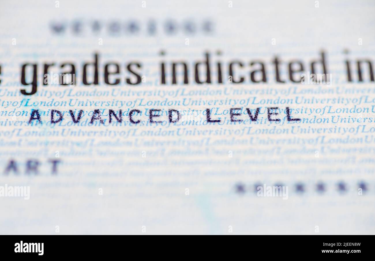 A United Kingdom education certificate with the holder obtaining a grade at the Advance Level on a subject of study. Stock Photo