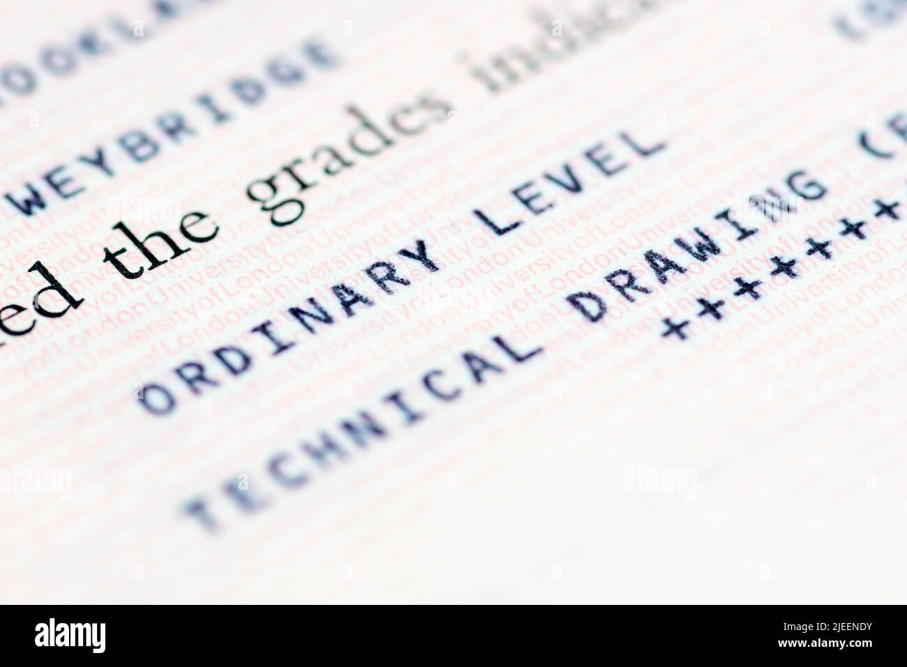 Close up of a United Kingdom education certificate with the holder achieving a grade at the Ordinary Level on a subject of study. Stock Photo