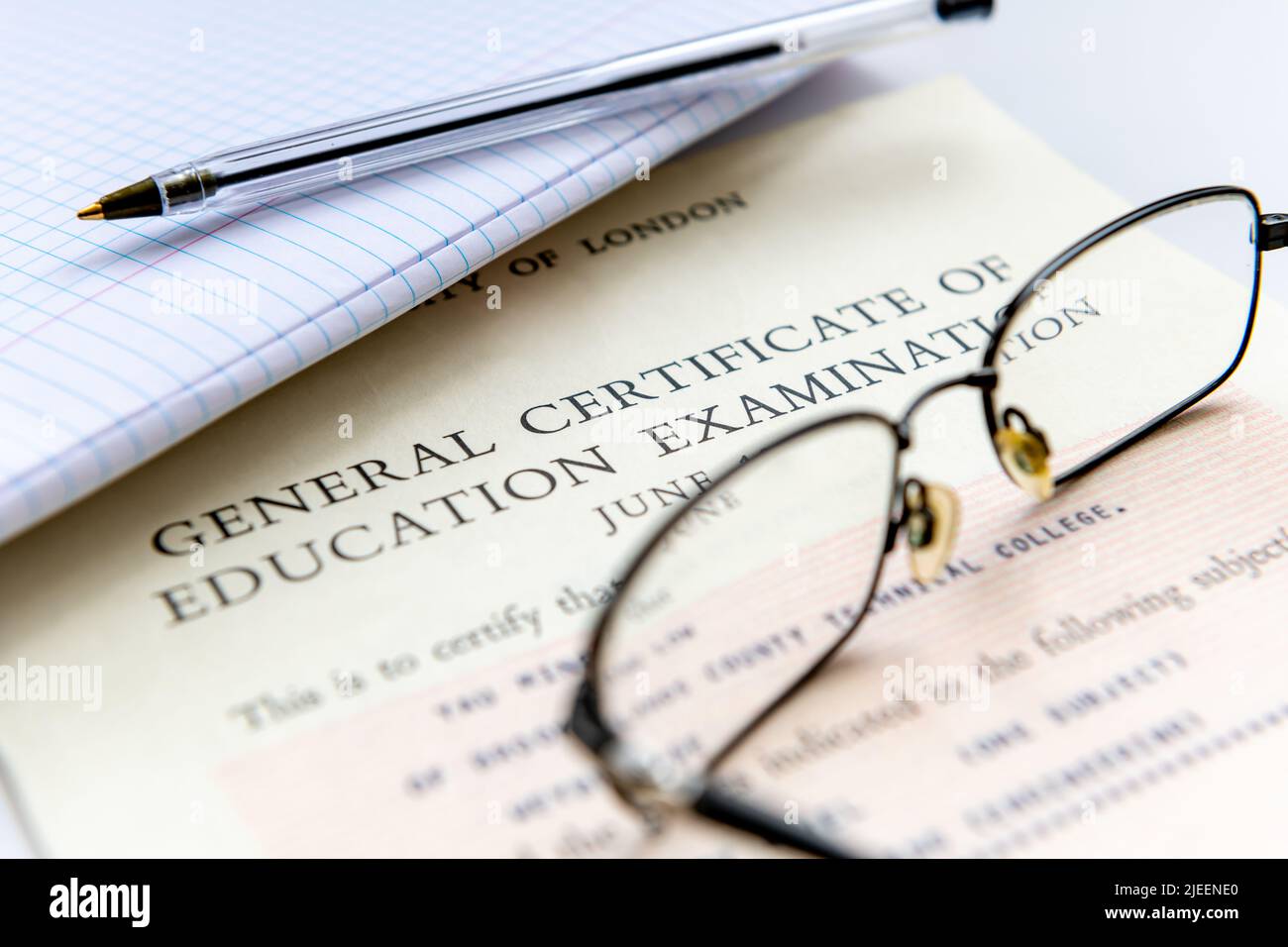 A United Kingdom General Certificate of Education Examination issued for passes of Ordinary and Advance Level studies of Secondary Education. Stock Photo
