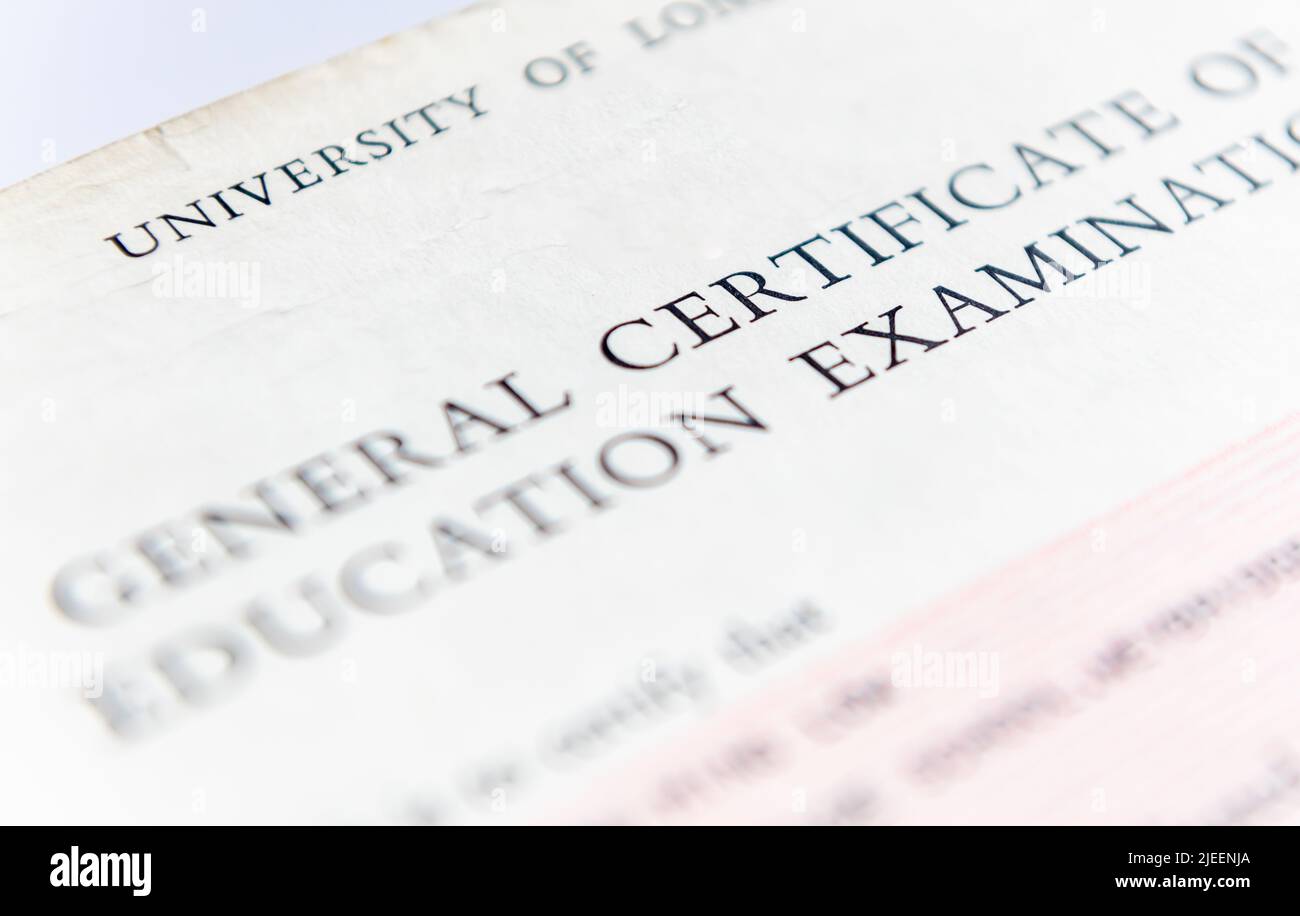 A United Kingdom General Certificate of Education Examination issued for passes of Ordinary and Advance Level studies of Secondary Education. Stock Photo