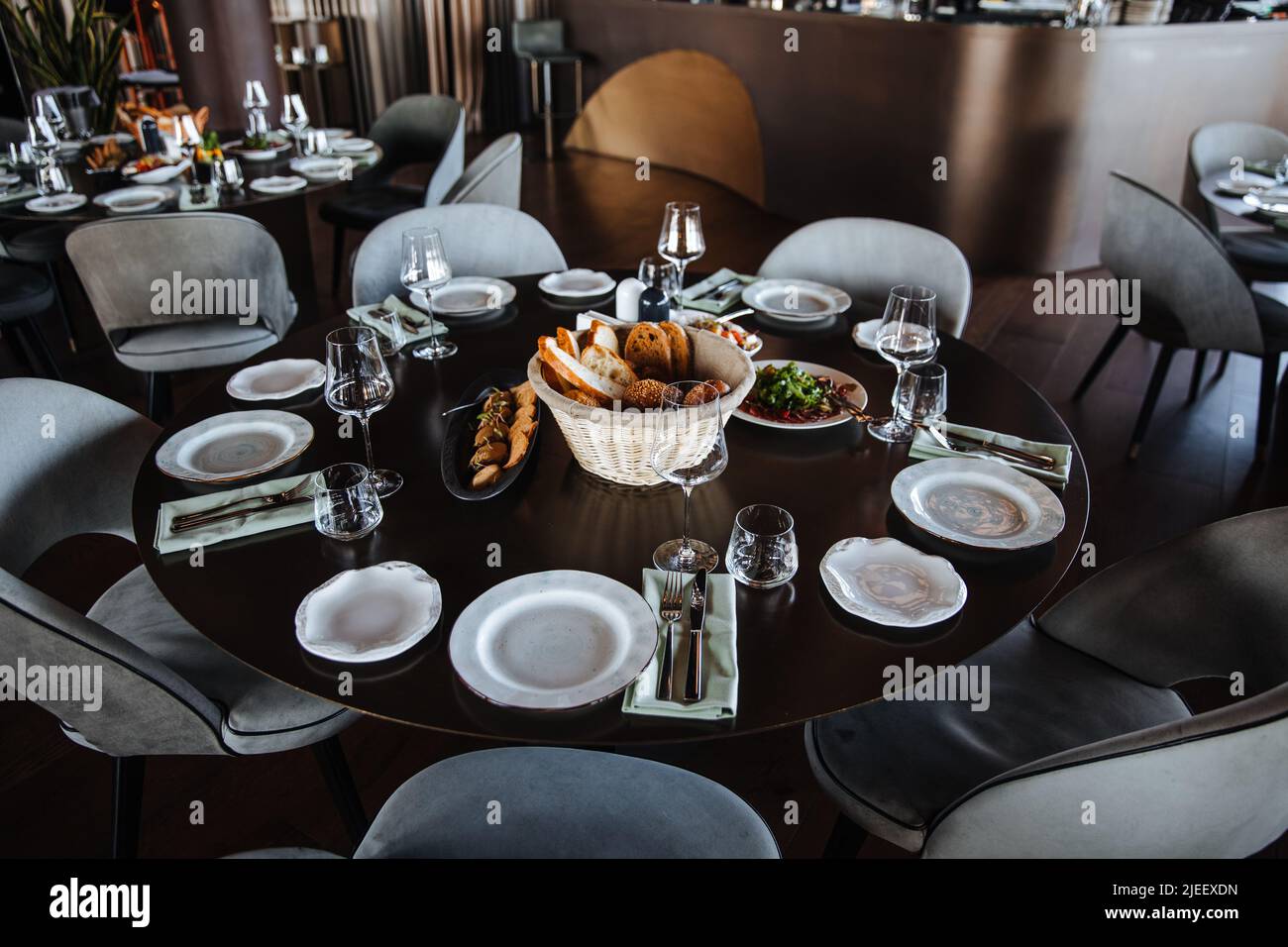 Beautifully organized event round served table banquet ready for