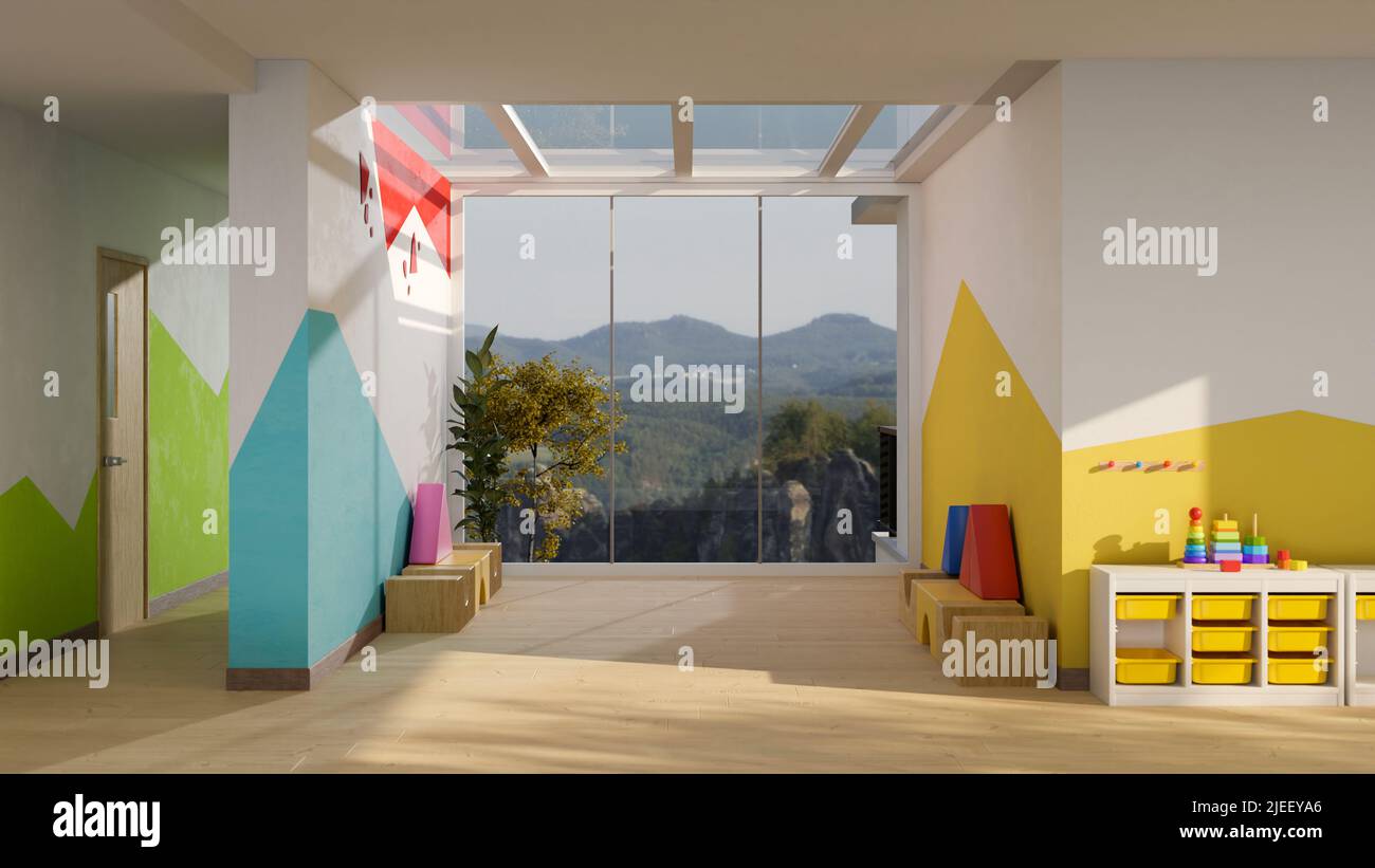 Beautiful modern colourful kindergarten classroom or kid nursery ...