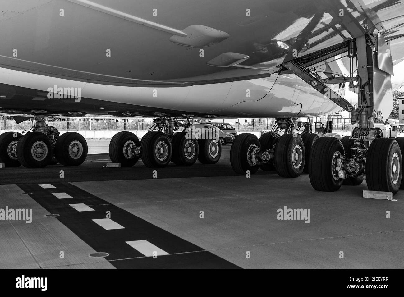 BERLIN, GERMANY - JUNE 23, 2022: Chassis of the world's largest aircraft Airbus A380-800. Exhibition ILA Berlin Air Show 2022 Stock Photo