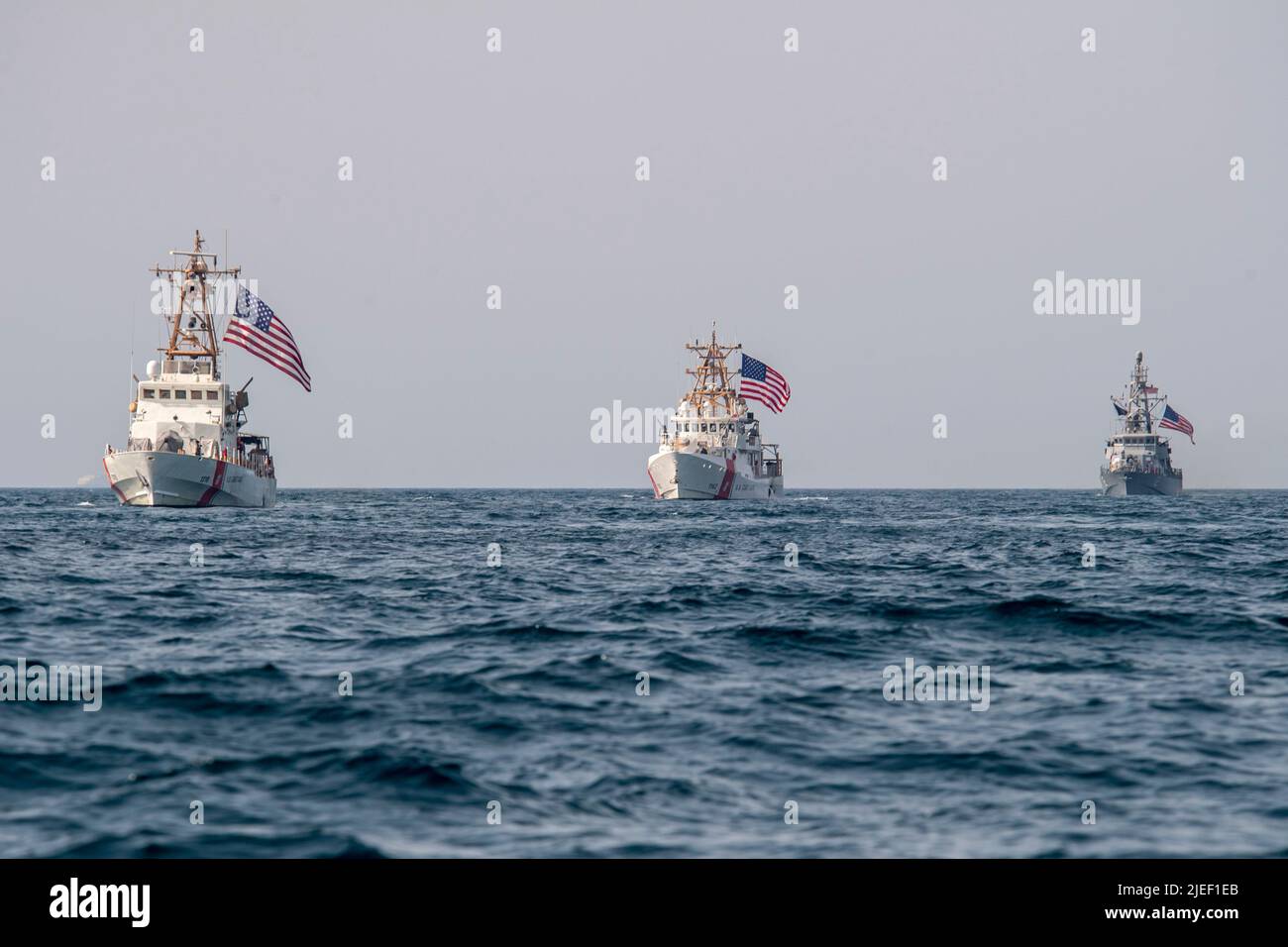 220626-N-NS602-1416 ARABIAN GULF (June 26, 2022) U.S. Coast Guard cutters USCGC Baranof (WPB 1318) and USCGC Robert Goldman (WPC 1142) and coastal patrol ship USS Thunderbolt (PC 12) sail in the Arabian Gulf, June 26. U.S. naval forces regularly operate across the Middle East region to help ensure security and stability. (U.S. Navy photo by Chief Mass Communication Specialist Roland A. Franklin) Stock Photo