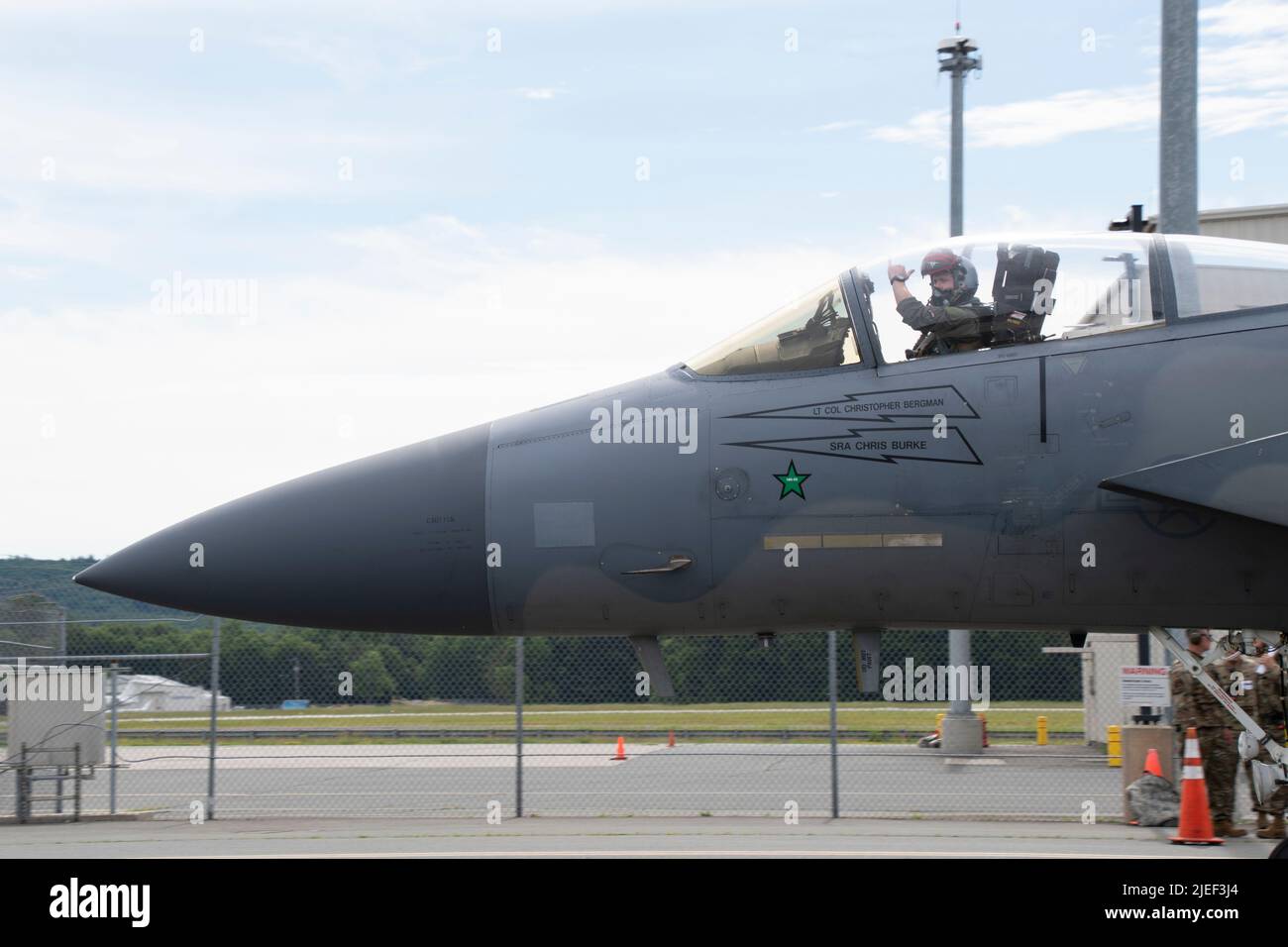 A U.S. Air Force F-15 Eagle pilot assigned to the 131st Fighter Squadron, Massachusetts Air National Guard, taxis on the flightline prior to launch during exercise Eagle Claw, a readiness exercise, June 11, 2022, at Barnes Air National Guard Base, Massachusetts. The exercise assessed Barnestormers ability to maintain air dominance in a simulated contested, degraded, and operationally limited environment and test their implementation of the Agile Combat Employment deployment concept.  (U.S. Air National Guard photo by Staff Sgt. Hanna Smith) Stock Photo