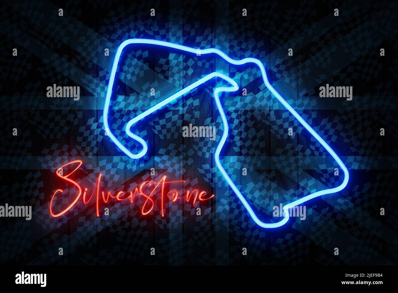 Silverstone Red and Blue Neon Sign on a Dark Checkered decorated Wooden Wall 3D illustration. Stock Photo