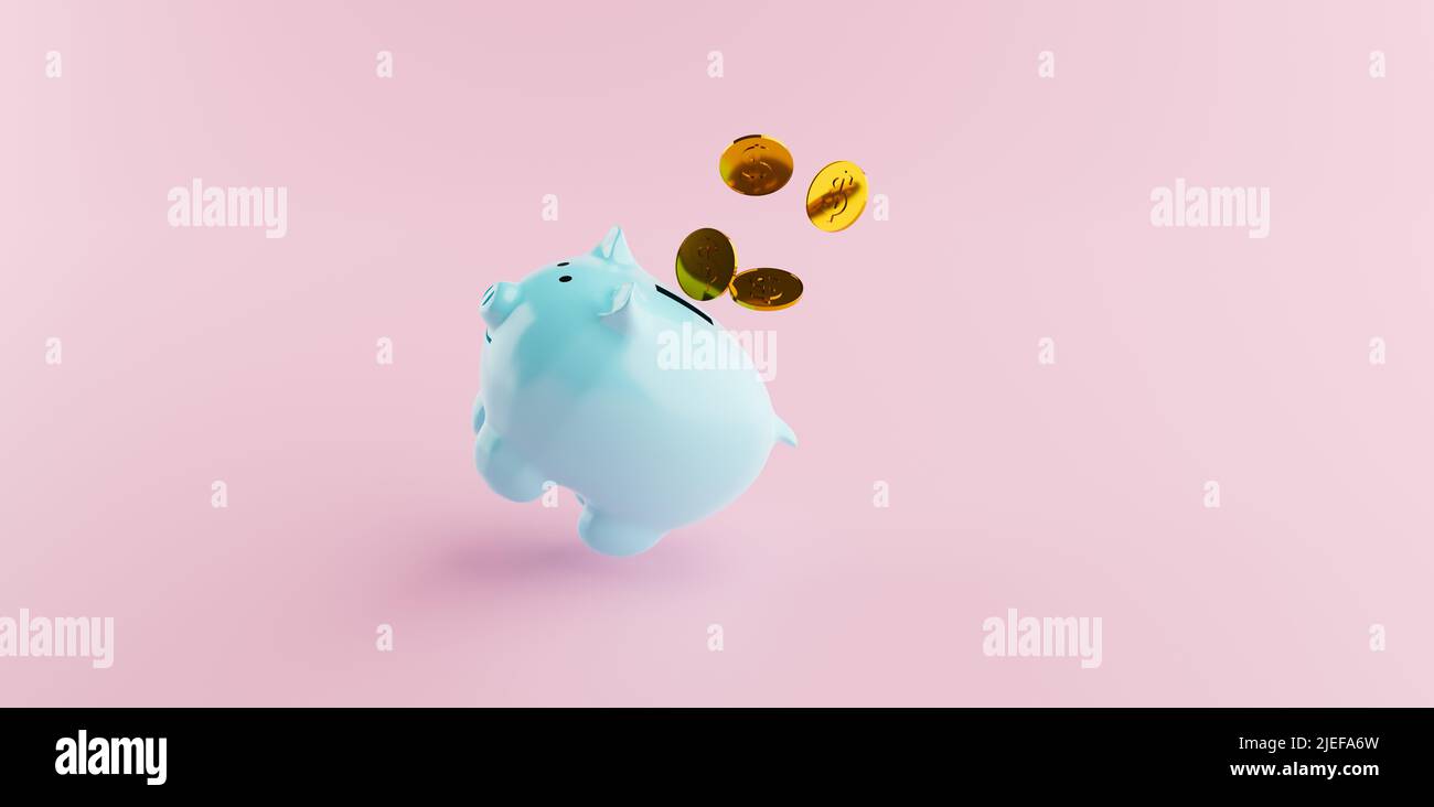 Lovely blue piggy bank on pink background with gold coin action, 3D ...