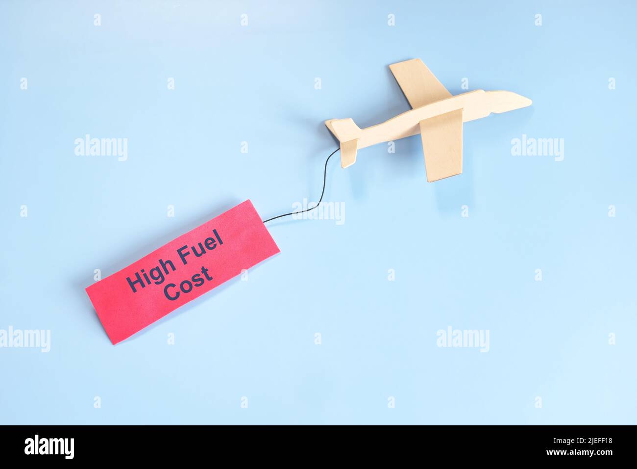 High aircraft fuel cost concept in aviation industry. wooden airplane with red tag with written