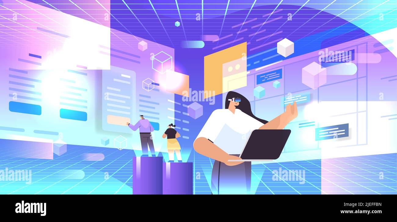 businesspeople in digital VR glasses working on laptop exploring virtual reality vision headset innovation metaverse Stock Vector