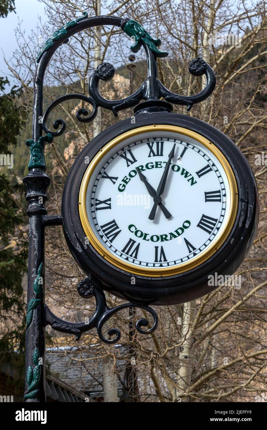 Old street clock in Georgetown,Colorado,America. Stock Photo