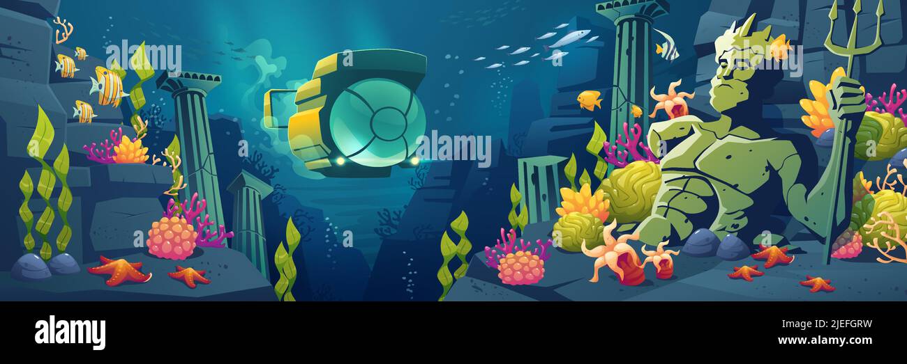 Underwater sea landscape with submarine, fish, corals, marine plants and animals, marble columns and fragment of Neptune statue. Vector cartoon illustration of tropical ocean scene with bathyscaphe Stock Vector