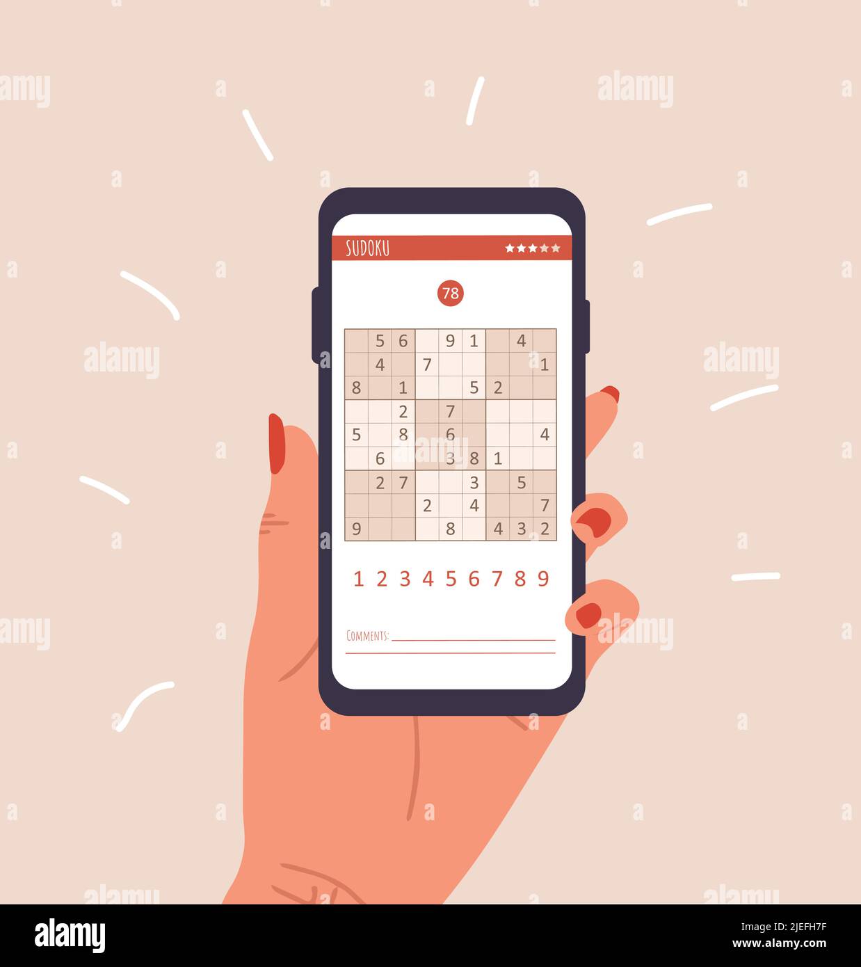 Sudoku game. Woman holding smartphone with crossword puzzle. Learning and leisure concept. Task for development of logical thinking and training brain Stock Vector