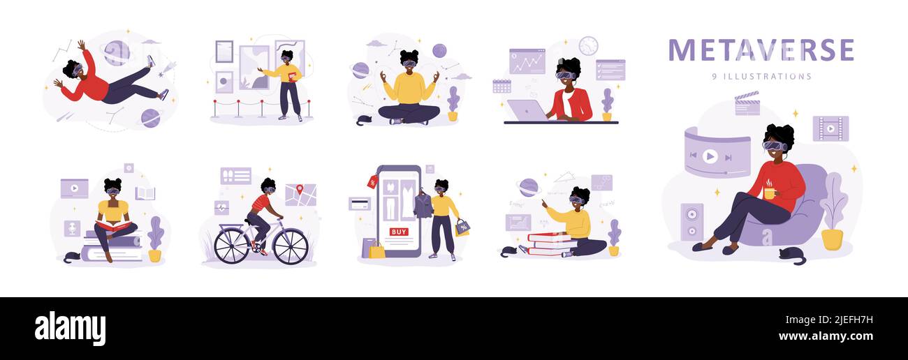 Metaverse and Virtual reality concept. African women in VR glasses