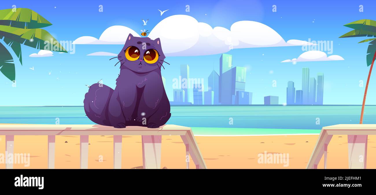 Cute cat sit on wooden terrace fence on sea beach. Vector cartoon illustration of summer tropical landscape with palm trees and black funny furry kitten on railing veranda, city skyline on background Stock Vector