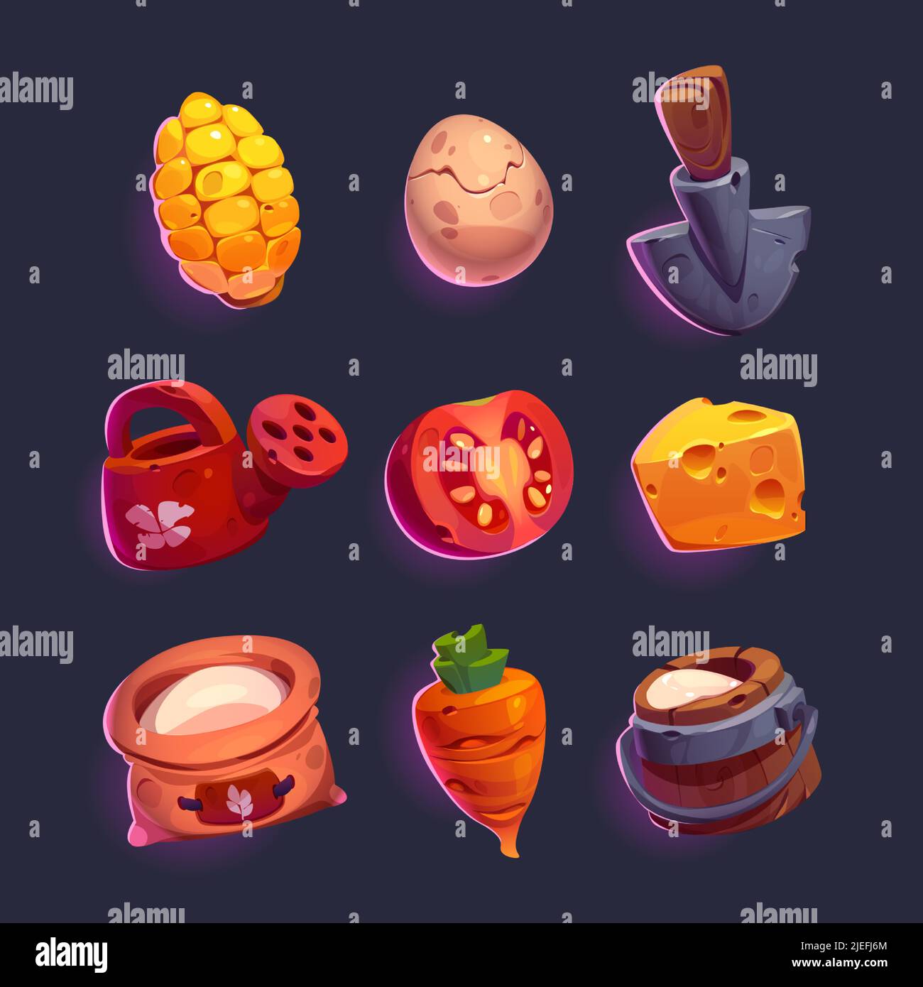 https://c8.alamy.com/comp/2JEFJ6M/set-of-game-icons-gardening-and-farm-cartoon-elements-vector-wooden-milk-bucket-watering-can-egg-and-shovel-corn-cob-and-tomato-cheese-and-carrot-canvas-bag-with-flour-2JEFJ6M.jpg