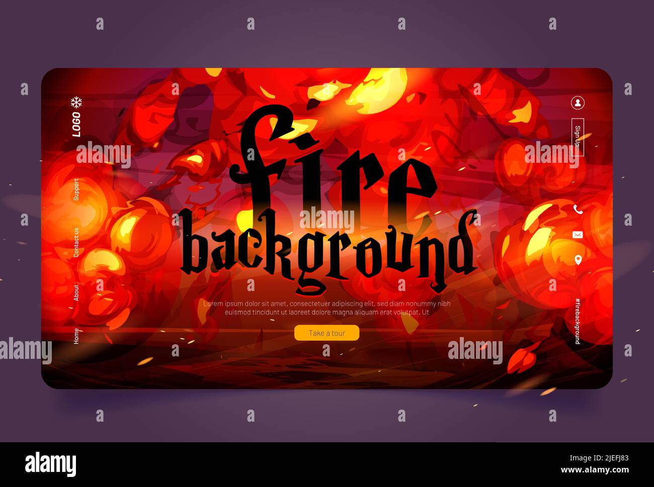 Fire background, cartoon landing page with red bomb explosion clouds over destroyed burnt land. Boom effect with smoke, Ui design with dynamite explosive detonation, atomic war Vector web banner Stock Vector